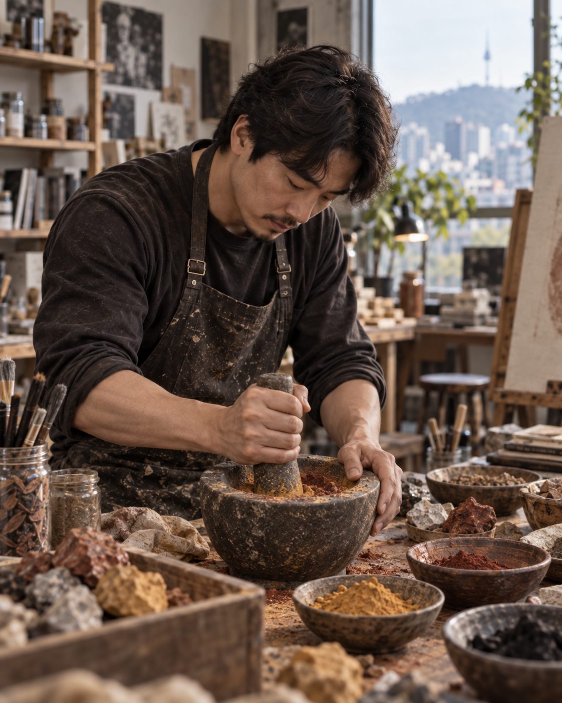 자연 안료로 채색 중인 캔버스